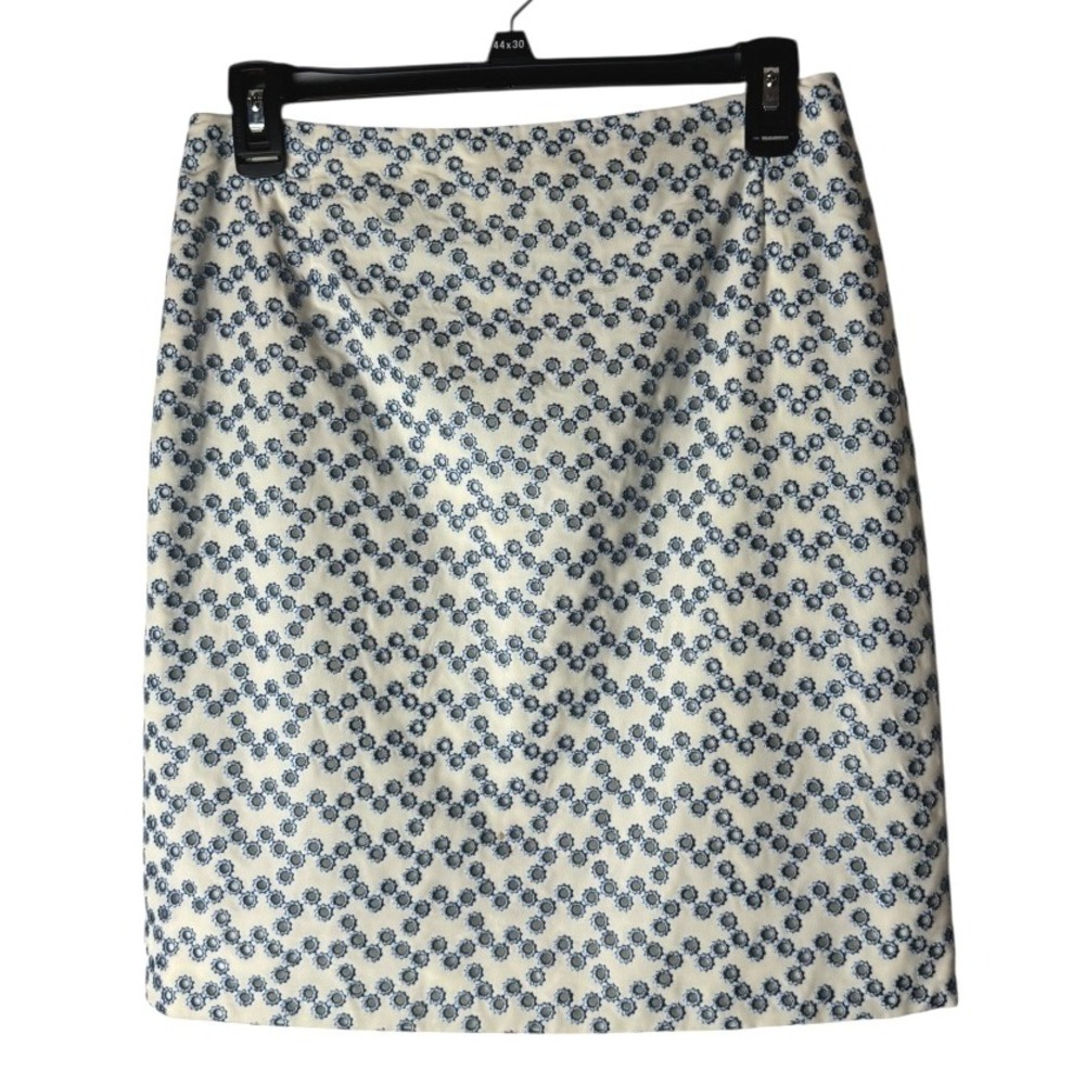 Akris Punto Skirt Women 4 Ivory Blue Embroidered Eyelet Pencil Luxury Preppy